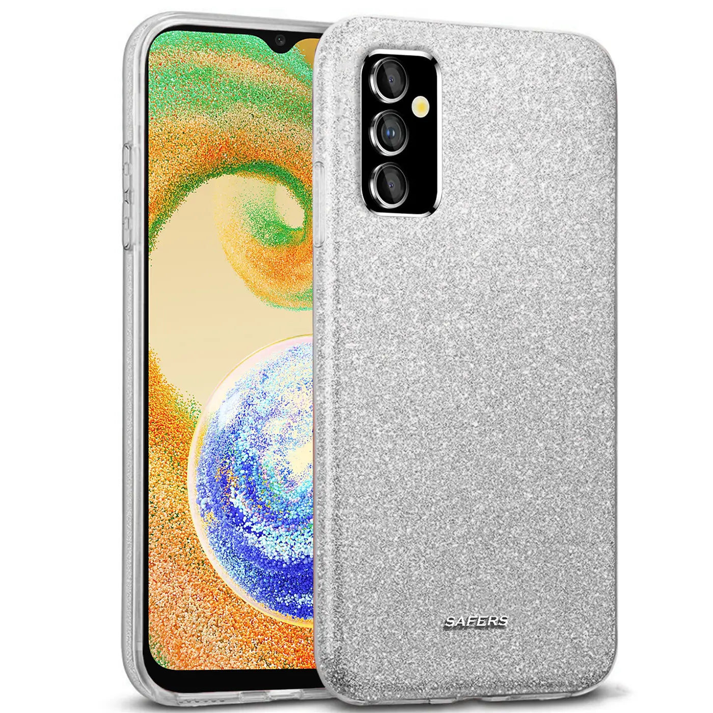 Silberne Glitzer-TPU-Hülle auf einem Samsung Galaxy A13 5G/A04s, von vorne leicht schräg.