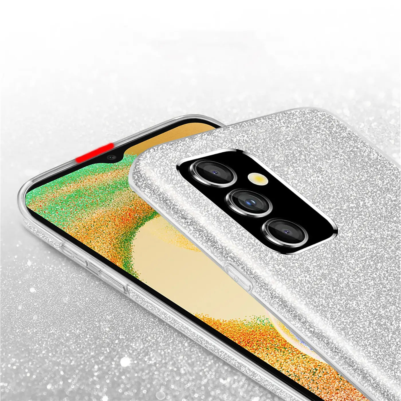 Silberne Glitzer-TPU-Hülle auf Samsung Galaxy A13 5G / A04s, Nahaufnahme.