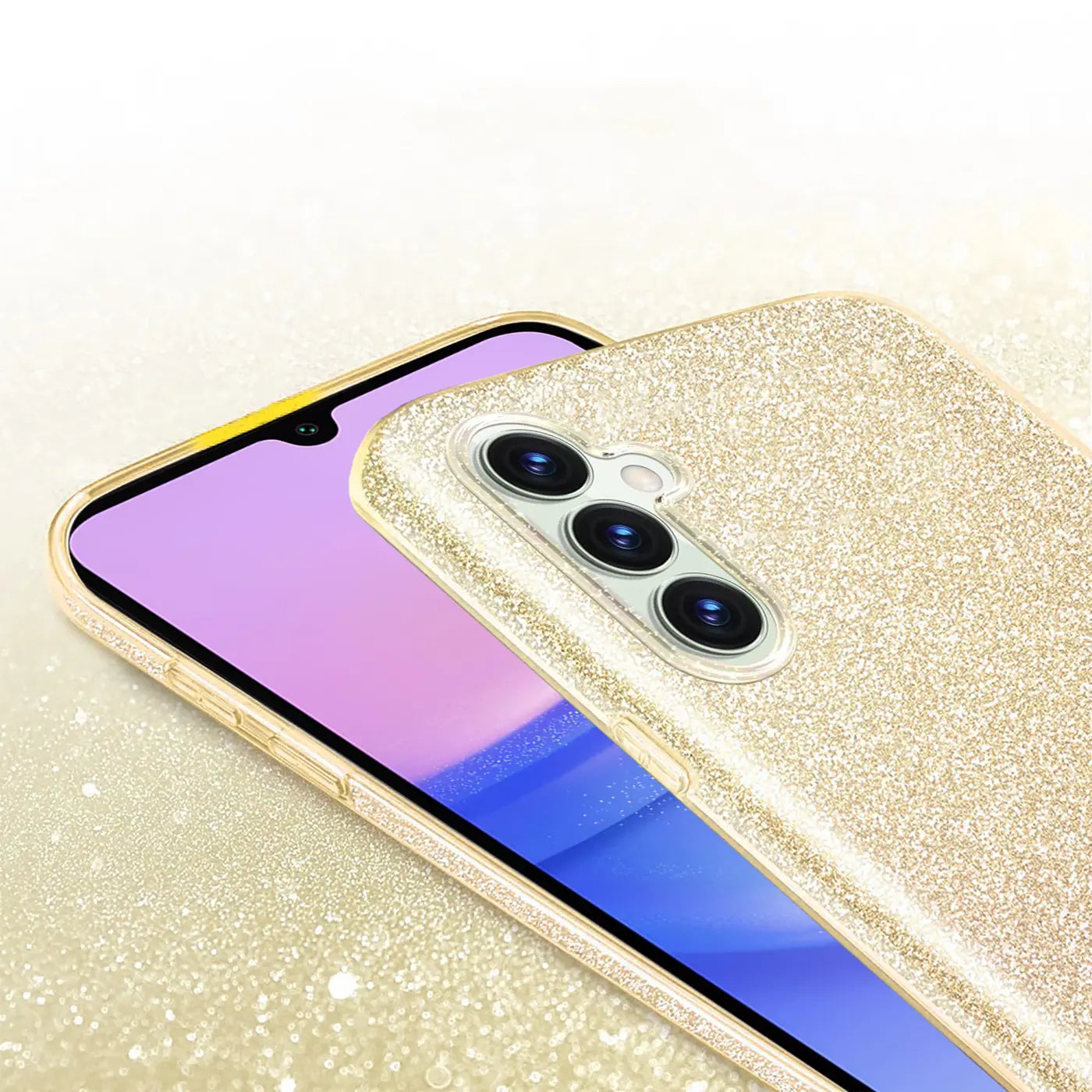 Goldene Glitzer TPU Hülle auf Samsung Galaxy A15 4G/5G, Nahaufnahme.