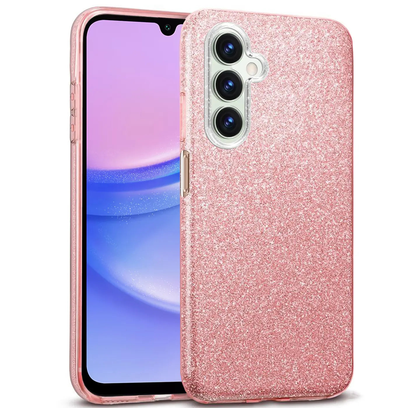 Rosa Glitzer TPU Hülle auf Samsung Galaxy A15 4G/5G, von vorne schräg