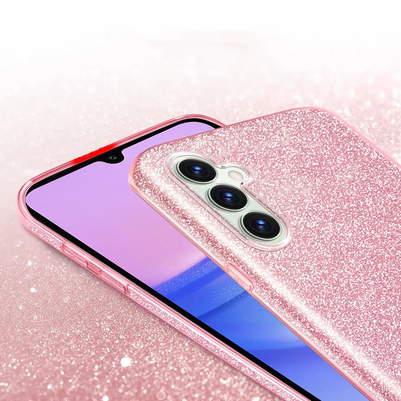 Rosa Glitzer TPU Hülle auf Samsung Galaxy A15 4G/5G, Nahaufnahme