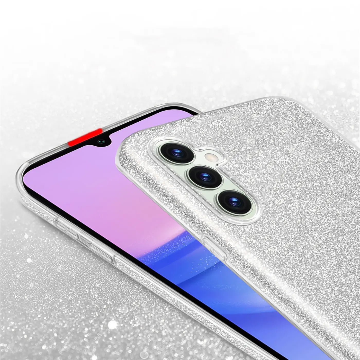 Silberne Glitzer TPU Hülle auf Samsung Galaxy A15, Nahaufnahme der Rückseite