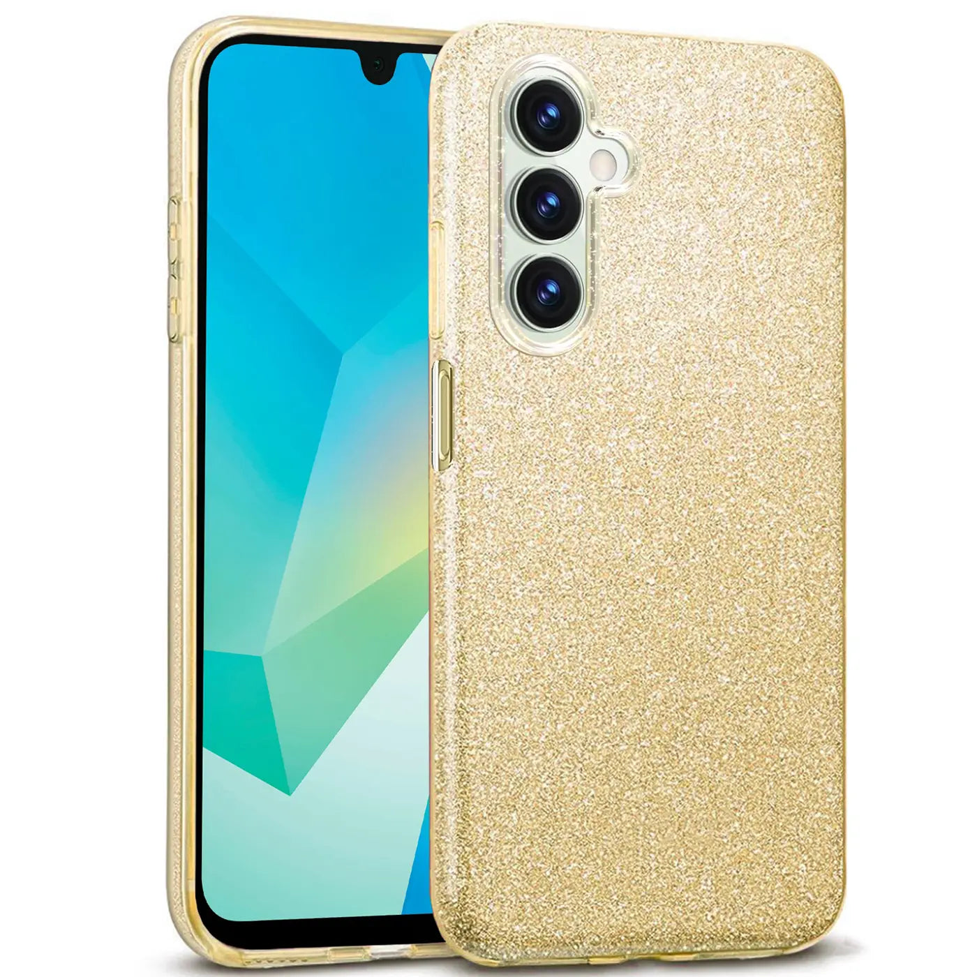 Goldfarbene Glitzer-TPU-Hülle auf einem Samsung Galaxy A16 5G, Seitenansicht.