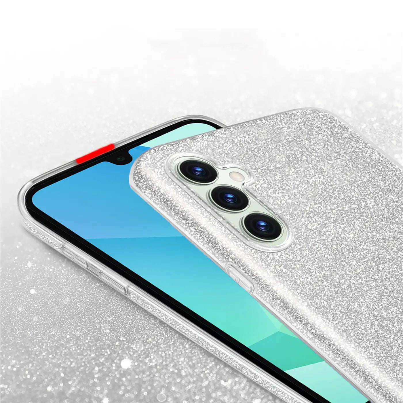 Silberne Glitzer-TPU-Hülle auf Samsung Galaxy A16 5G, Nahaufnahme, Rückseite