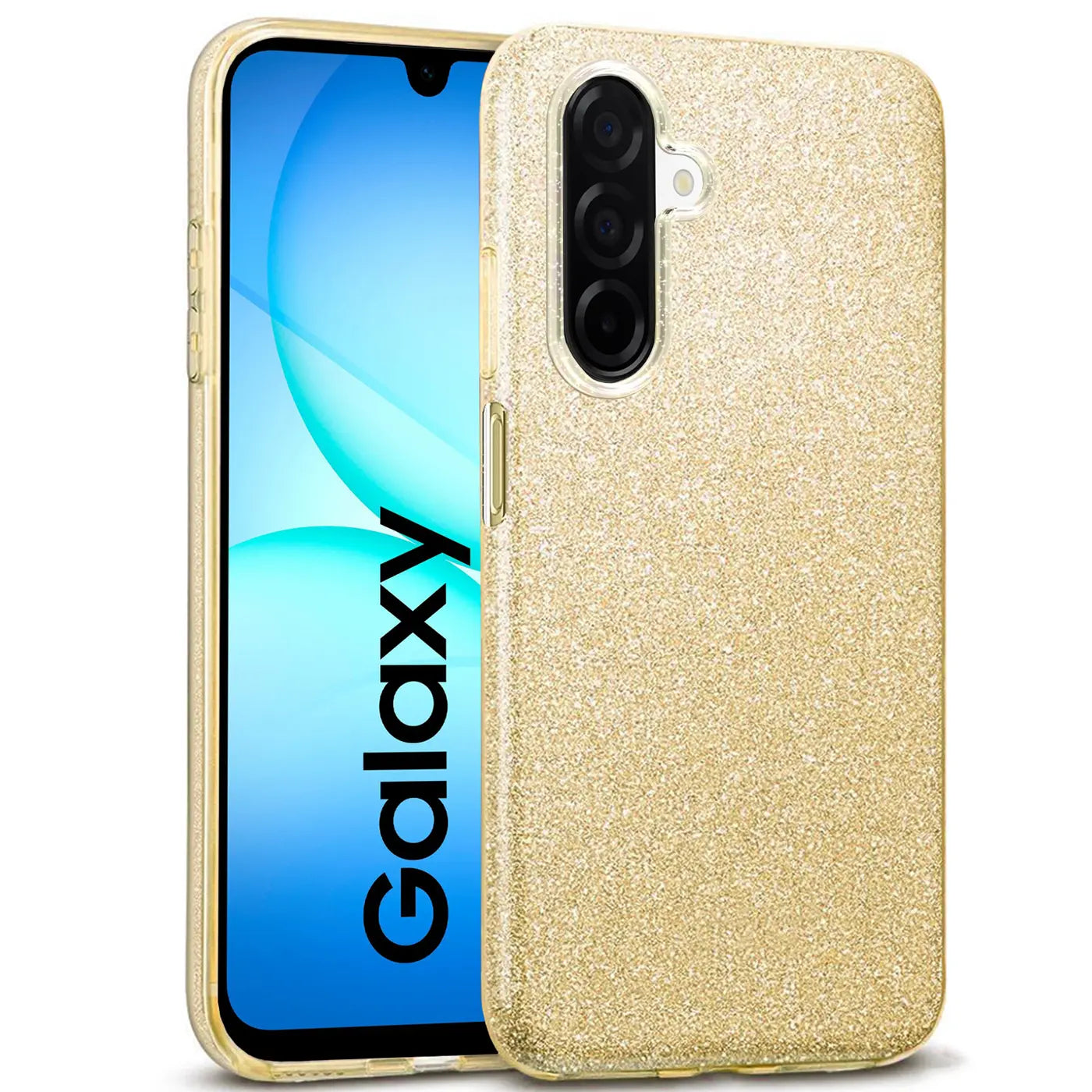 Goldene Glitzer-TPU-Hülle auf einem Samsung Galaxy A17 5G, von vorne links gesehen.