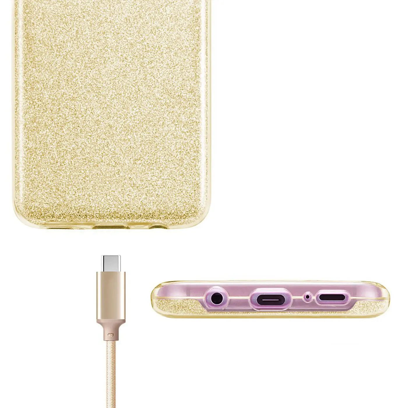 Goldene Glitzer-TPU-Hülle, von oben und unten gezeigt, mit USB-C-Kabel.