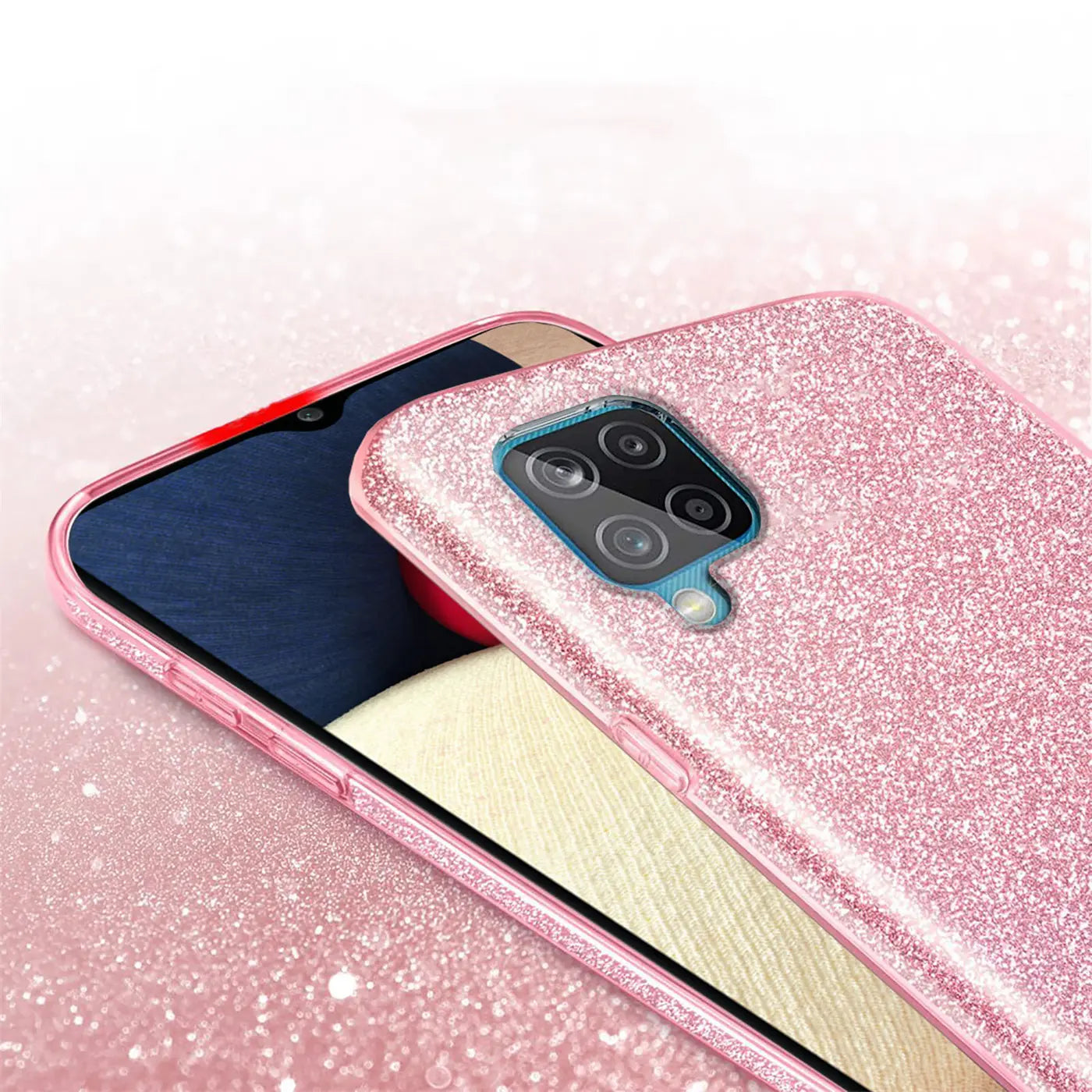 Rosa Glitzer TPU Hülle auf einem Samsung Galaxy A22 4G/M32/M22, Seitenansicht.