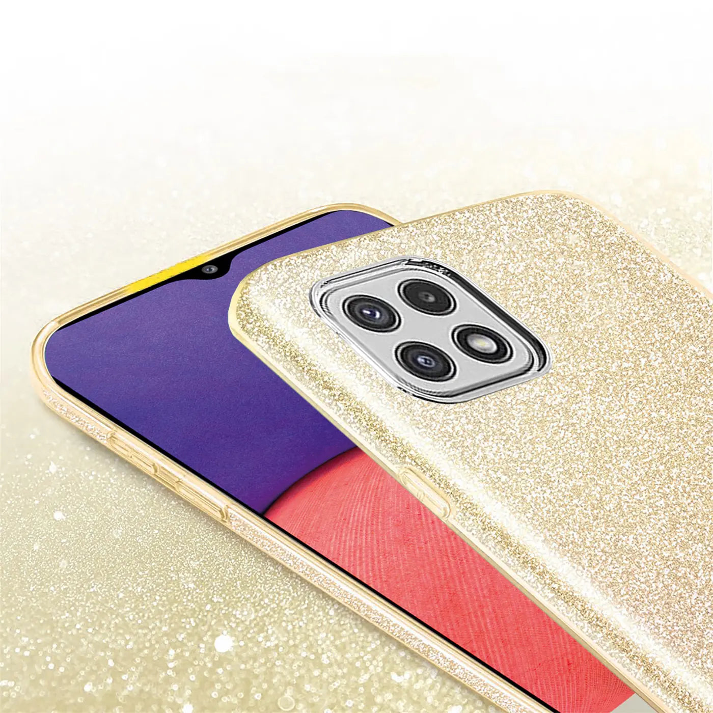 Goldene Glitzer TPU Hülle auf Samsung Galaxy A22 5G, Nahaufnahme von hinten