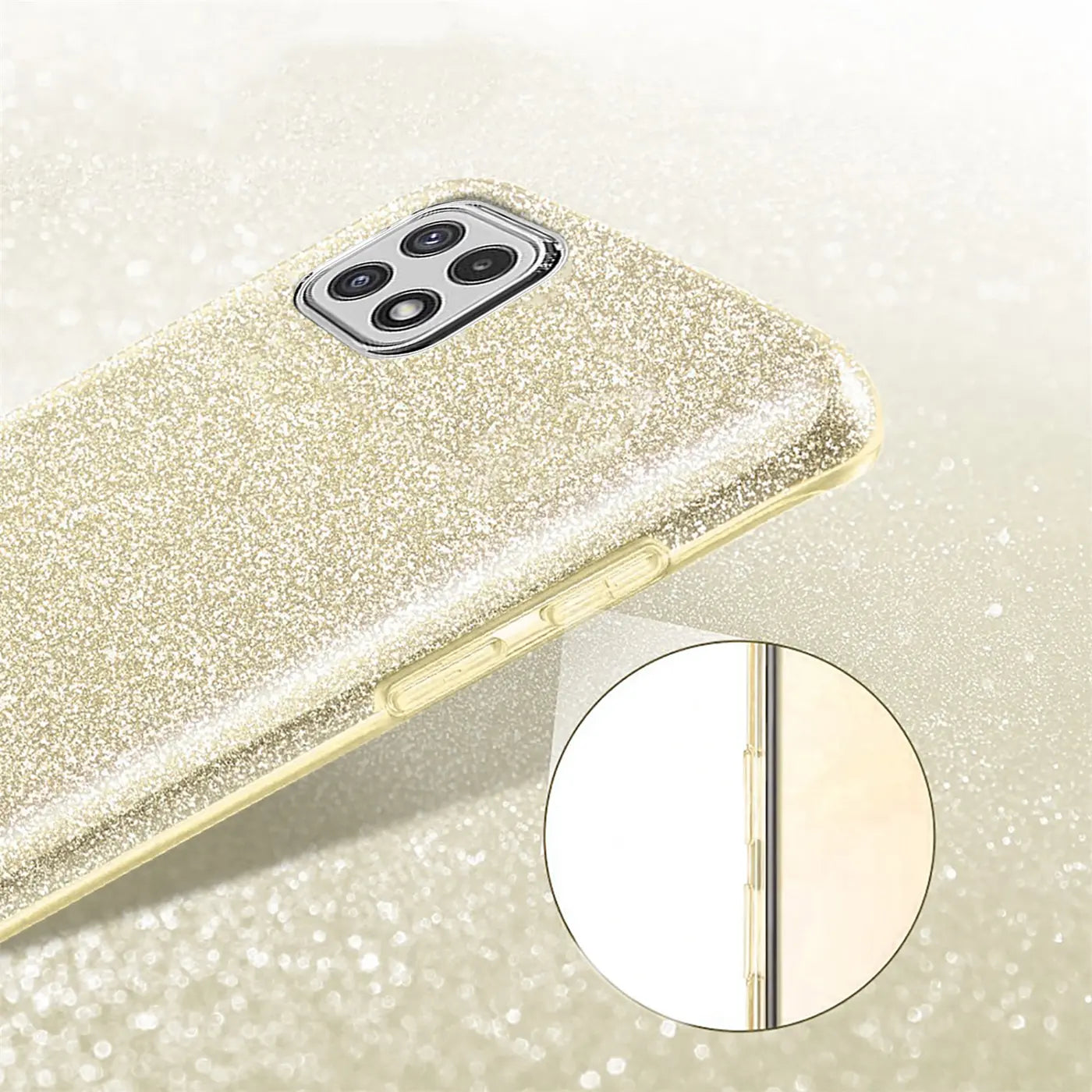 Goldene Glitzer TPU Hülle für Samsung Galaxy A22 5G, von schräg oben.