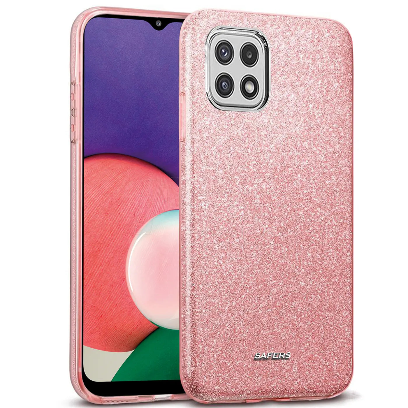 Rosa Glitzer TPU Hülle für Samsung Galaxy A22 5G, von vorne rechts gezeigt.