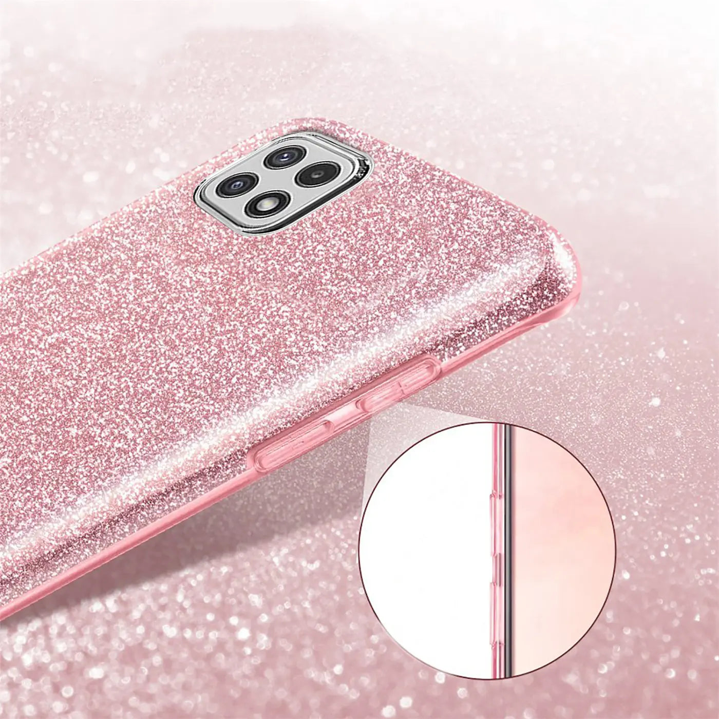 Rosa Glitzer TPU Hülle für Samsung Galaxy A22 5G, Seitenansicht.