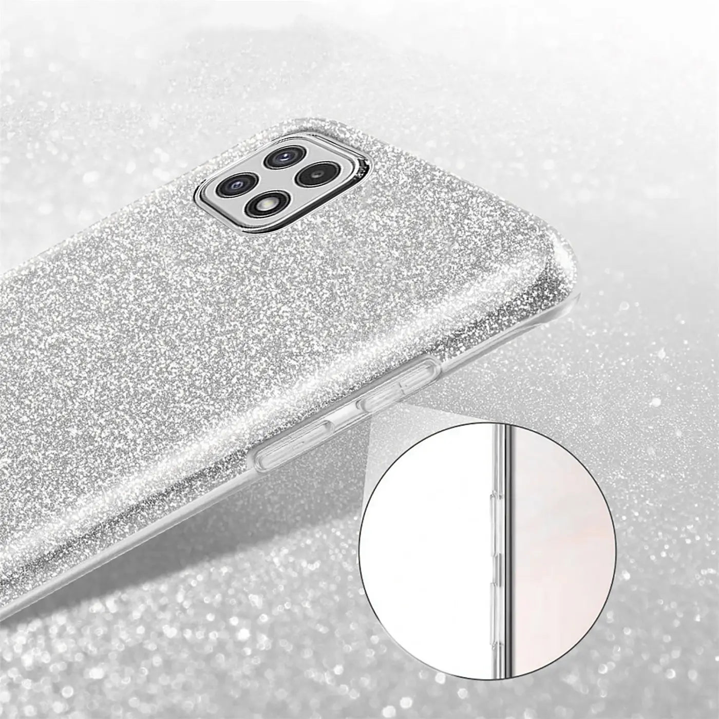 Silberne Glitzer TPU Hülle auf Samsung Galaxy A22 5G, Rückansicht.