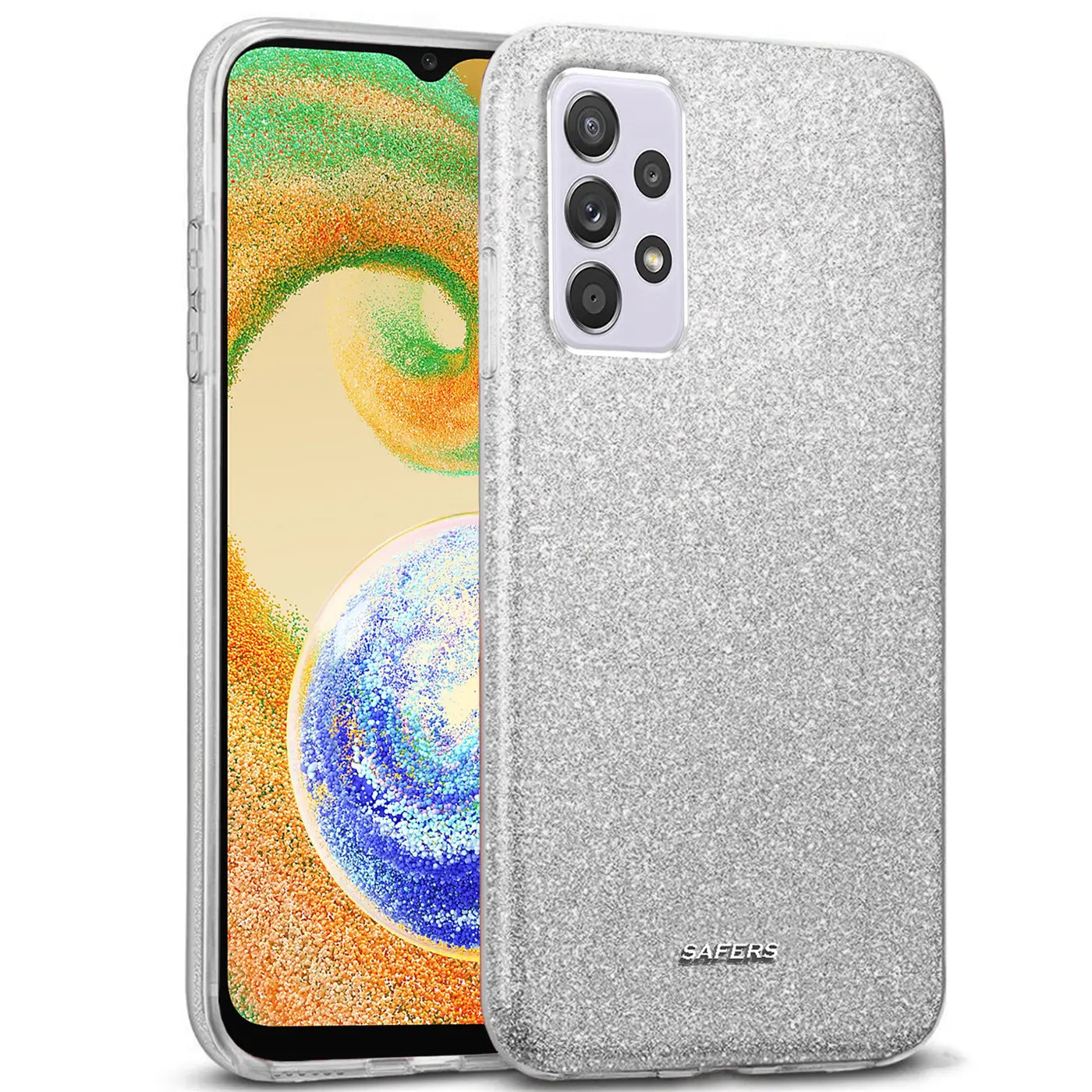 Silberne Glitzer-TPU-Hülle auf Samsung Galaxy A23 5G, Seitenansicht.