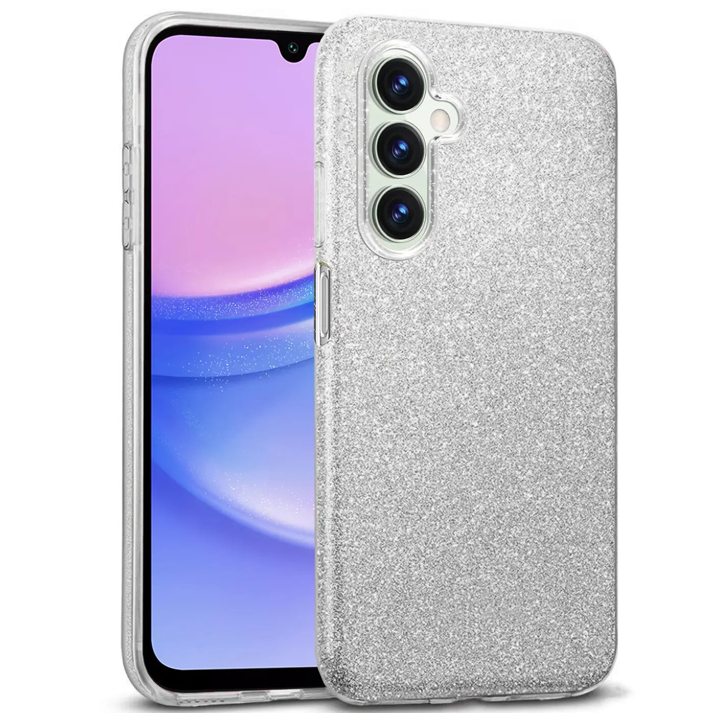 Silberne Glitzer TPU Hülle auf Samsung Galaxy A25 5G, von schräg vorne.