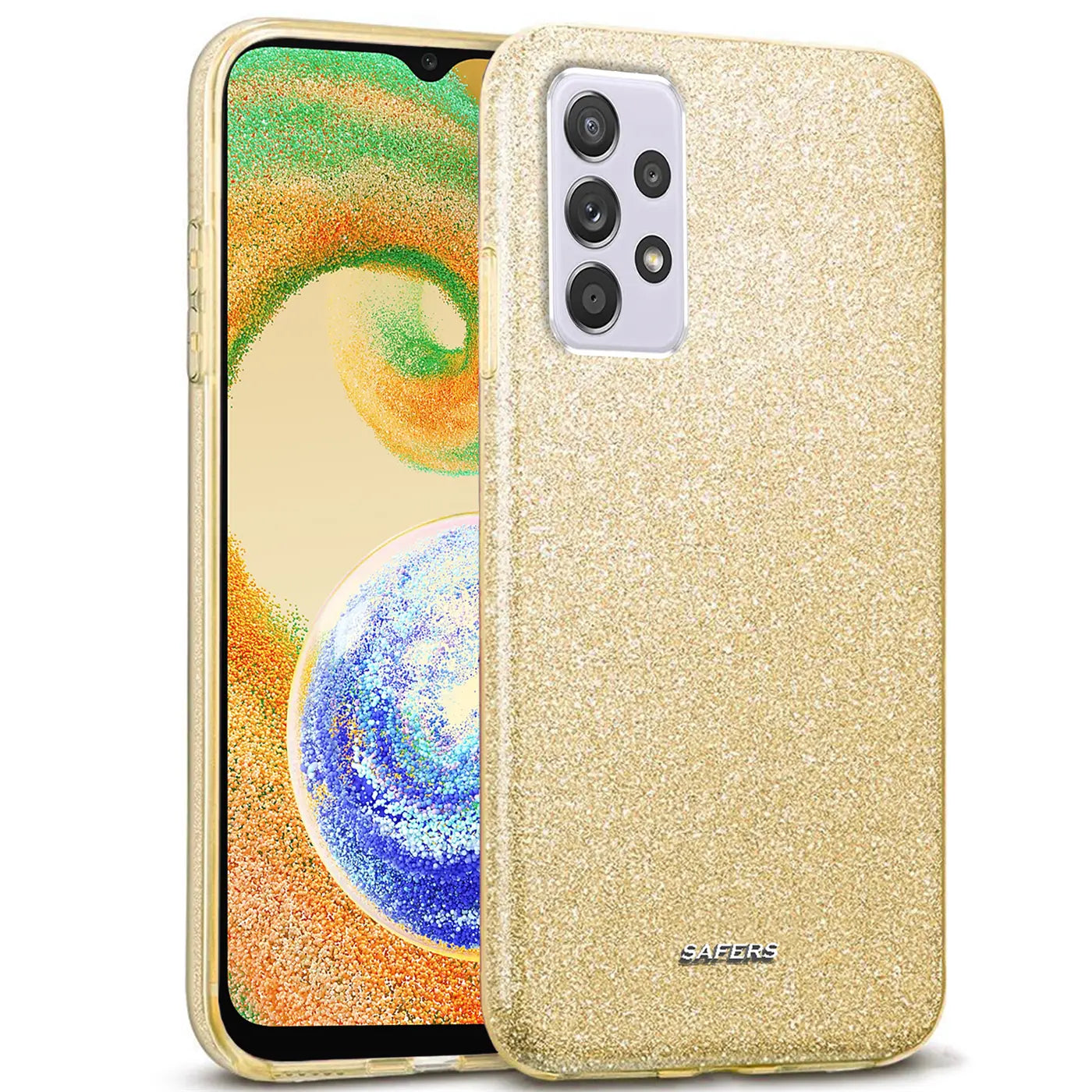 Goldene Glitzer-TPU-Hülle für Samsung Galaxy A33 5G, von vorne links gezeigt.