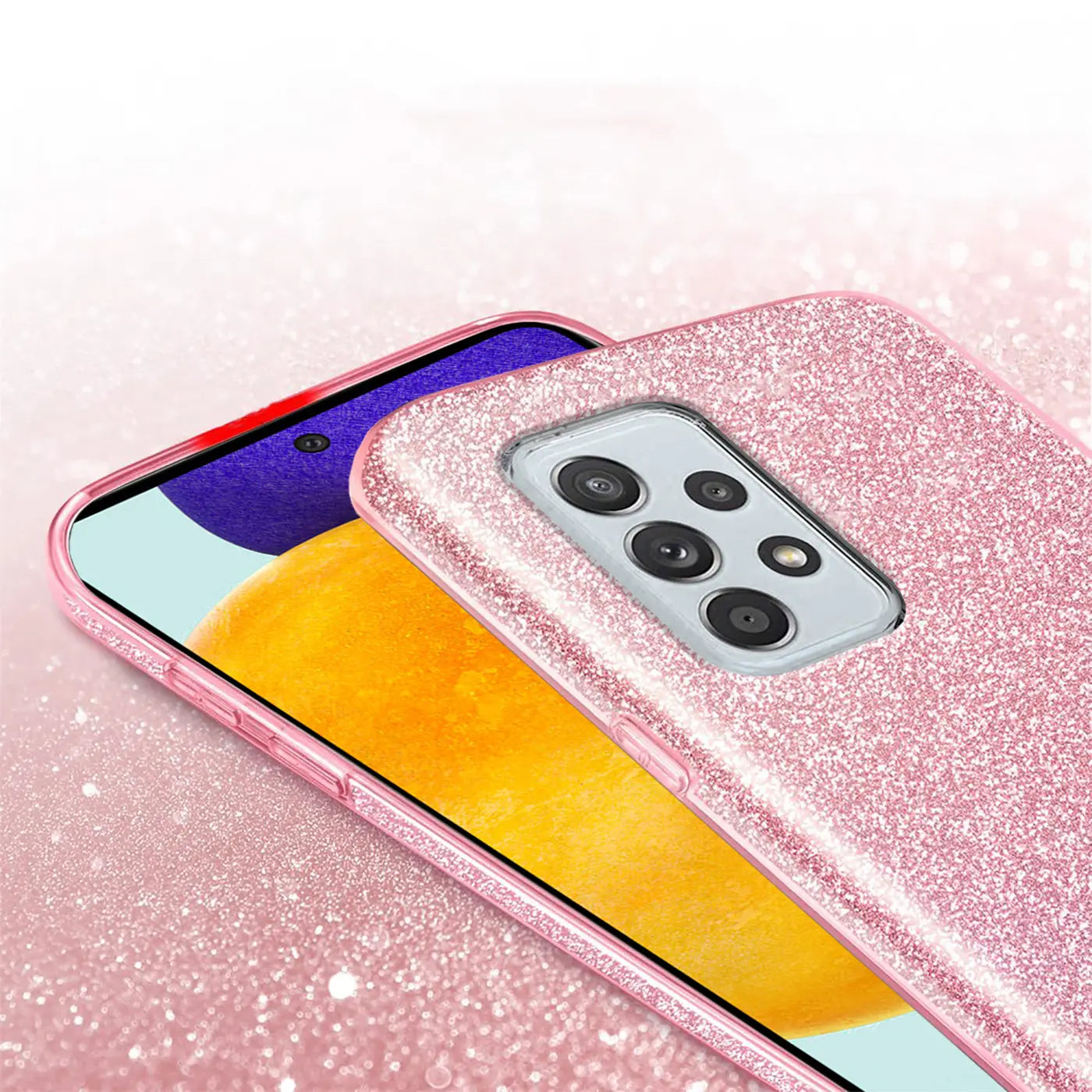 Rosa Glitzer TPU Hülle auf Samsung Galaxy A33 5G, Nahaufnahme von hinten.