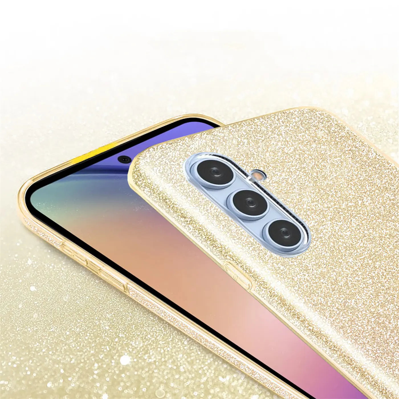 Goldene Glitzer-TPU-Hülle auf Samsung Galaxy A34 5G, Nahaufnahme Rückseite