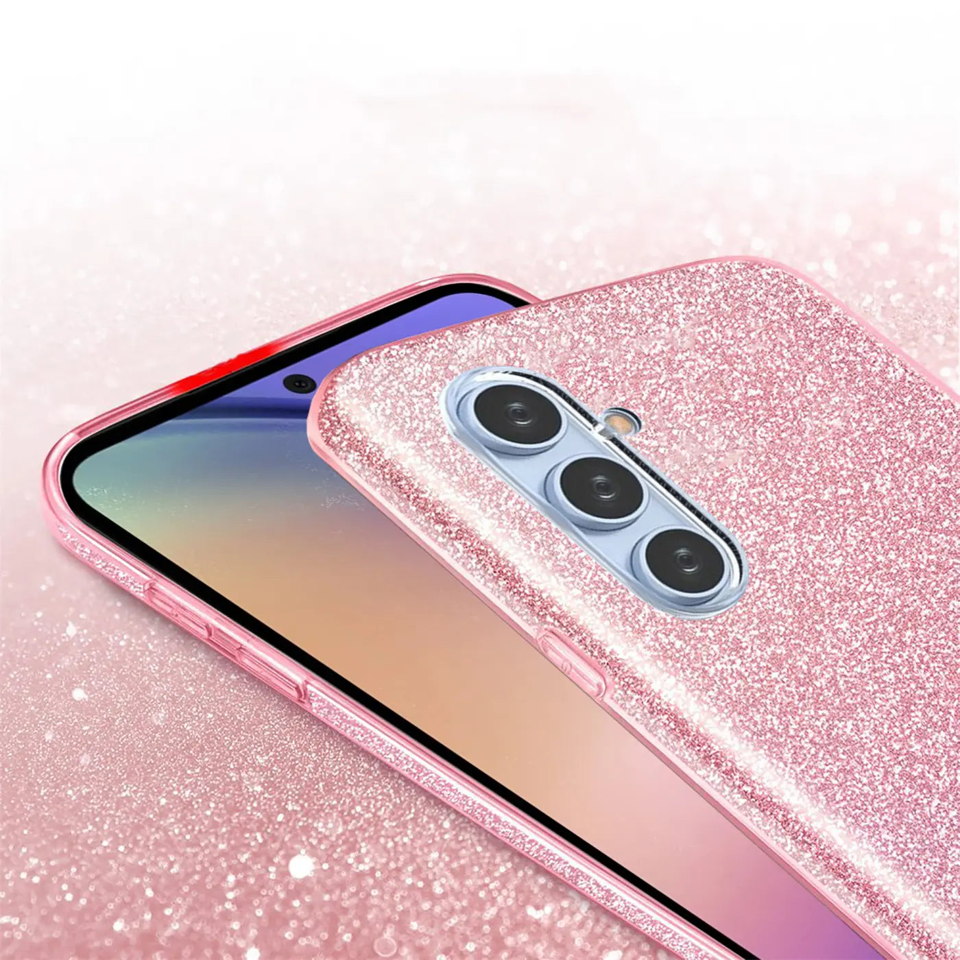 Rosa Glitzer TPU Hülle auf Samsung Galaxy A34 5G, Nahaufnahme von hinten