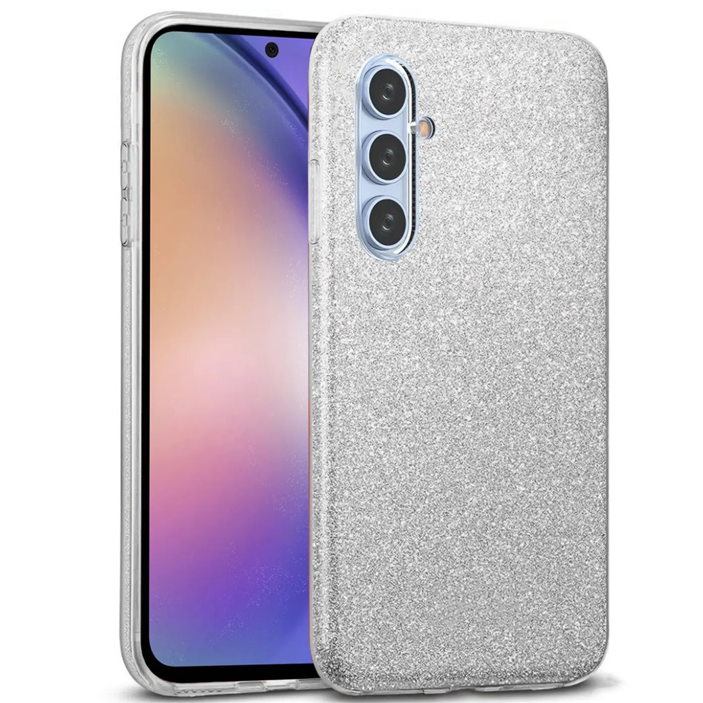 Silberne Glitzer-TPU-Hülle für Samsung Galaxy A34 5G, von vorne links gezeigt