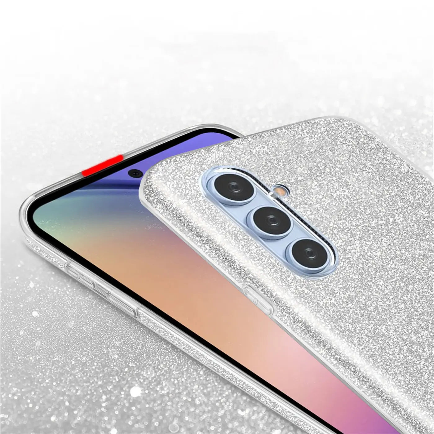 Silberne Glitzer-TPU-Hülle auf Samsung Galaxy A34 5G, Nahaufnahme, Rückseite