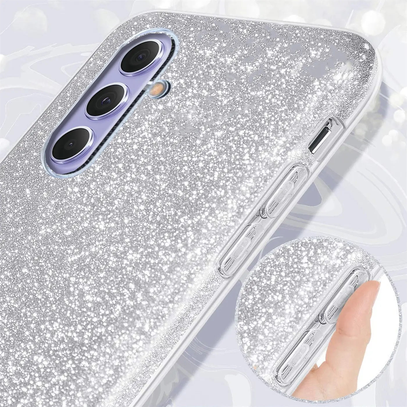 Silberne Glitzer-TPU-Hülle auf Samsung Galaxy A34 5G, Nahaufnahme