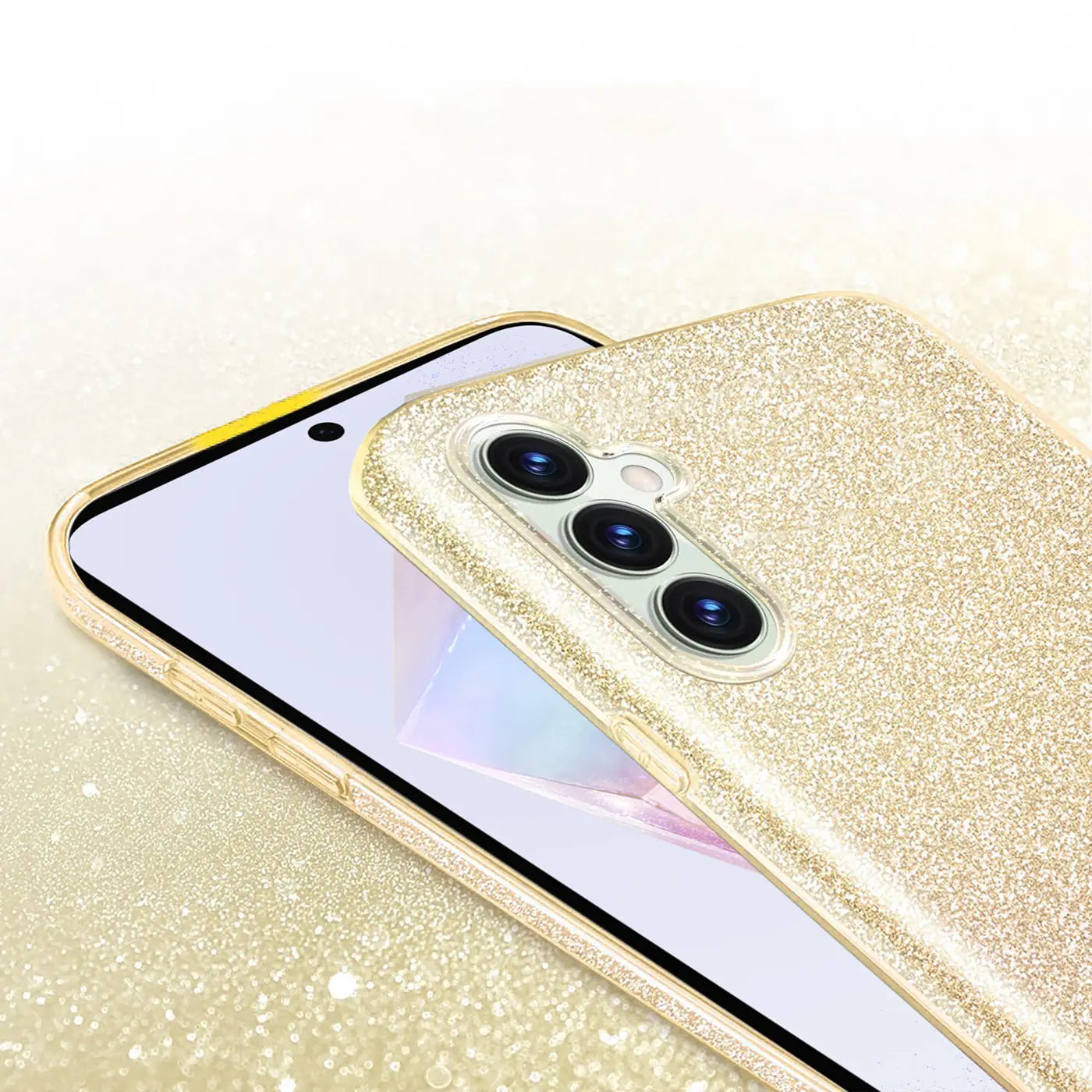 Goldene Glitzer TPU Hülle auf Samsung Galaxy A35 5G, Nahaufnahme von hinten.