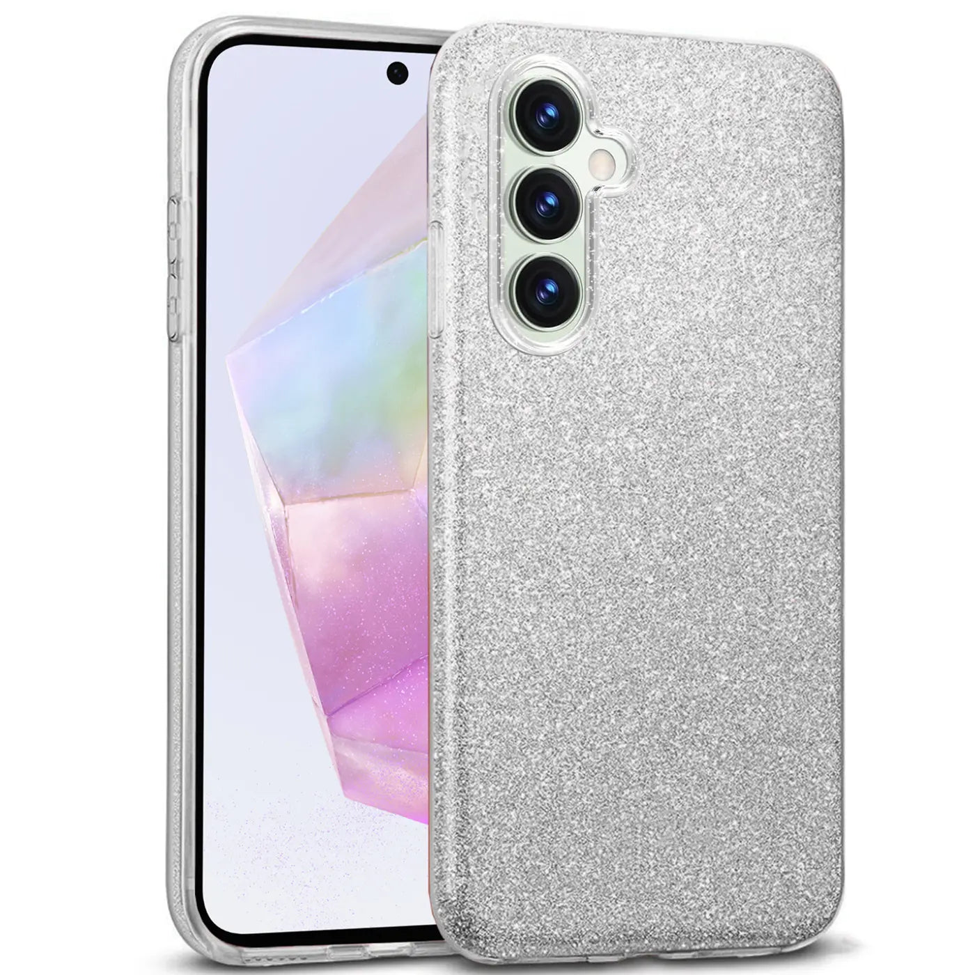 Silberne Glitzer-TPU-Hülle auf Samsung Galaxy A35 5G, von vorne leicht schräg.