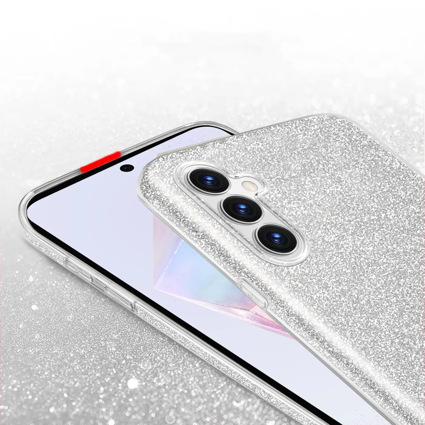 Silberne Glitzer-TPU-Hülle auf Samsung Galaxy A35 5G, Nahaufnahme