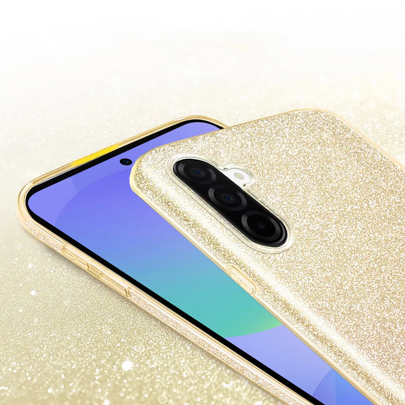 Goldene Glitzer-TPU-Hülle auf Samsung Galaxy A37 5G, Nahaufnahme von hinten.