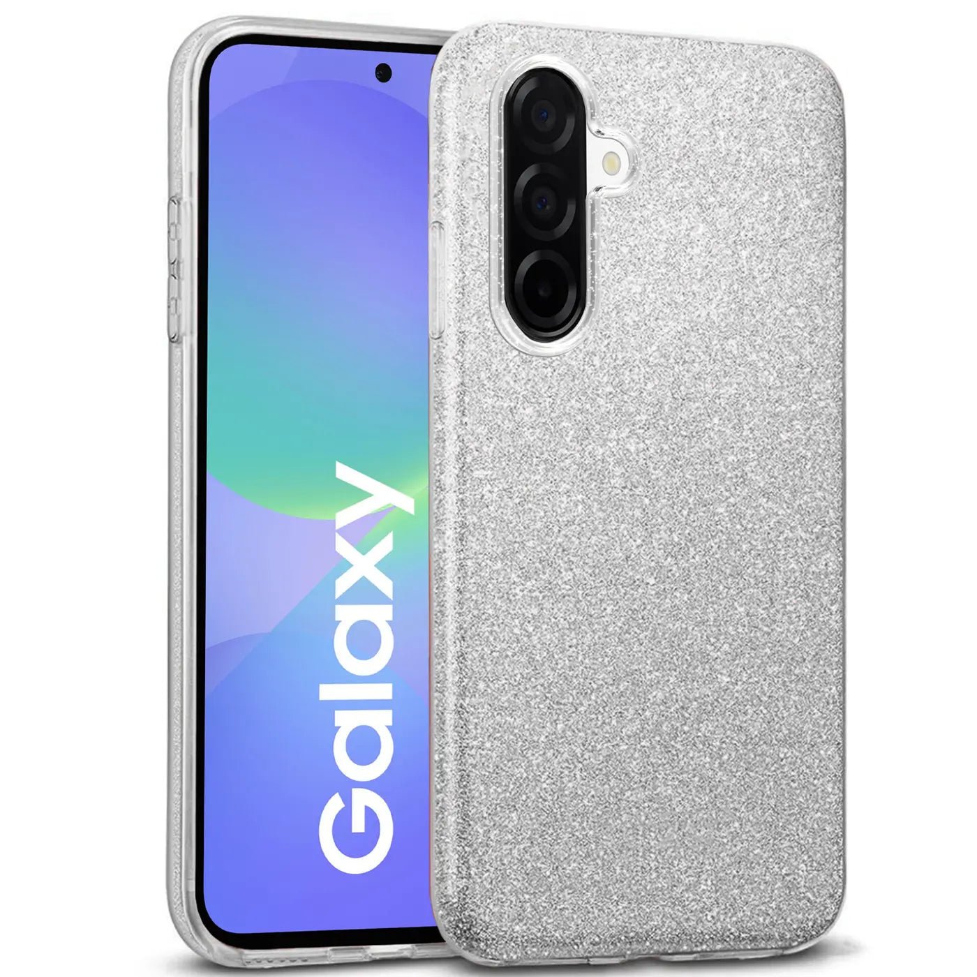 Silberne Glitzer-TPU-Hülle auf einem Samsung Galaxy A37 5G, Vorder- und Rückansicht.