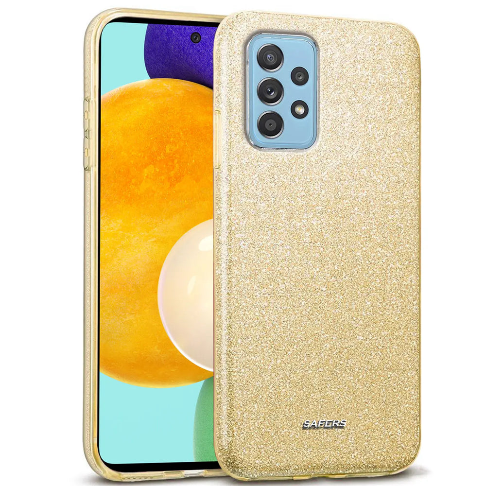 Goldene Glitzer-TPU-Hülle auf Samsung Galaxy A52 5G, Rückansicht.