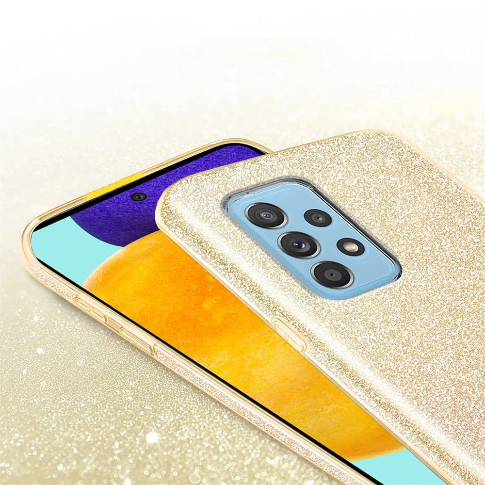 Goldene Glitzer-TPU-Hülle auf Samsung Galaxy A52/A52s 5G, Nahaufnahme.