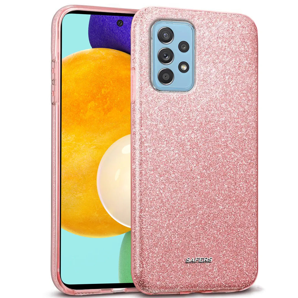 Rosa Glitzer TPU Hülle auf Samsung Galaxy A52 5G, von vorne, leicht schräg
