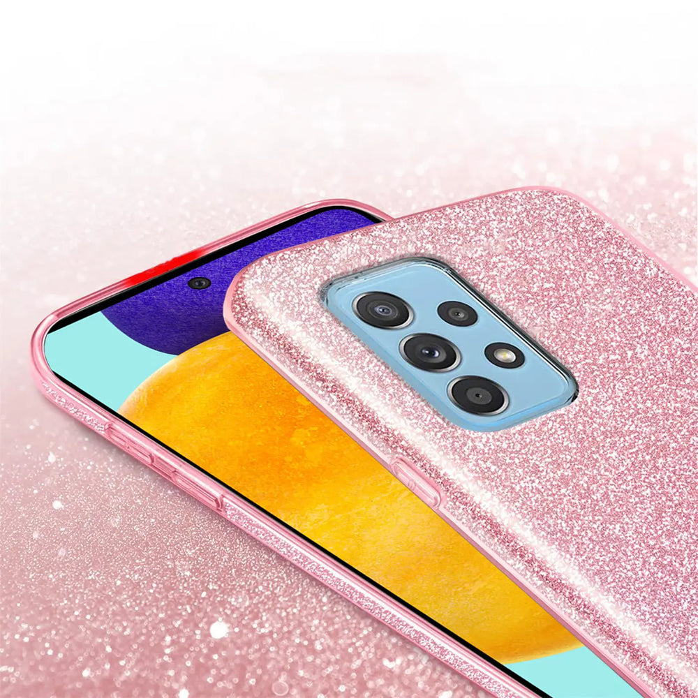 Rosa Glitzer TPU Hülle auf Samsung A52 5G. Draufsicht.