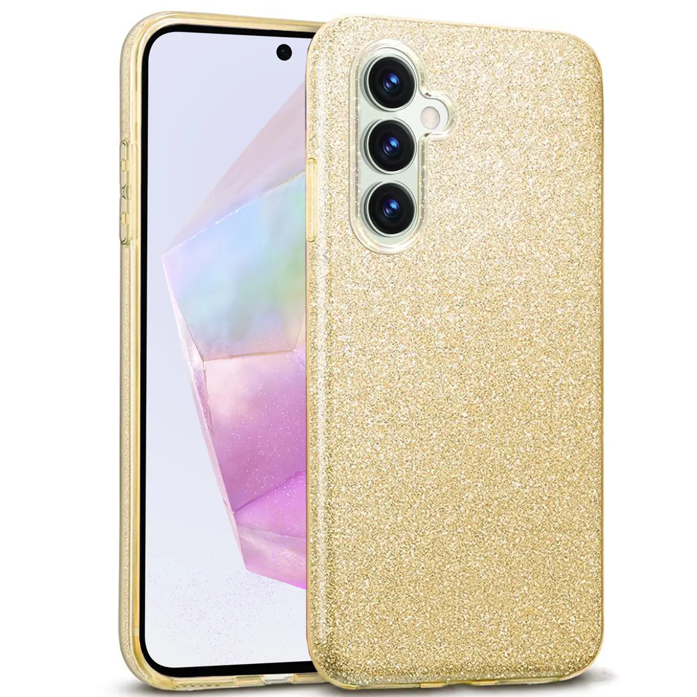 Goldene Glitzer-TPU-Hülle für Samsung Galaxy A55 5G, von schräg vorne gezeigt.