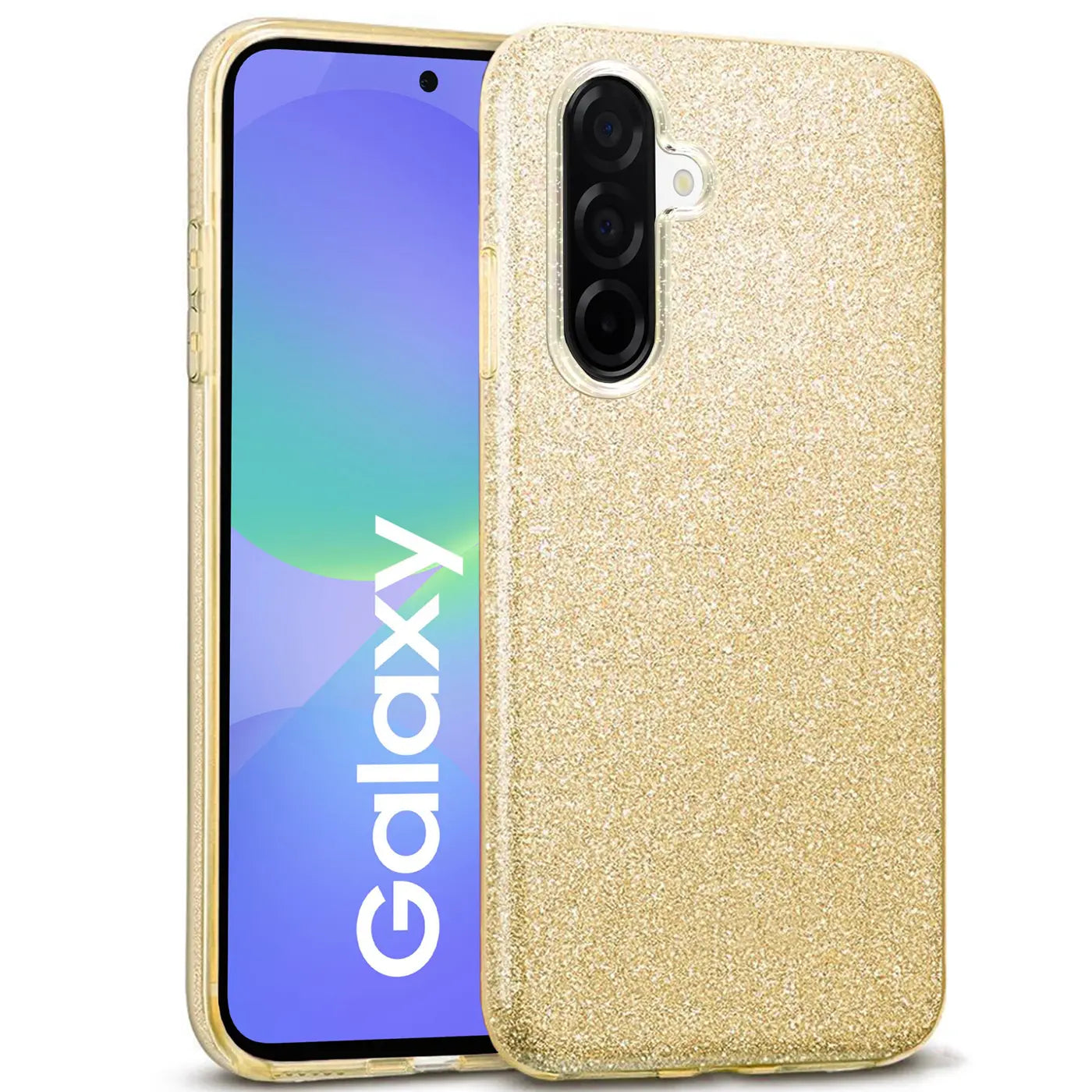 Goldene Glitzer-TPU-Hülle für Samsung Galaxy A56 5G, von vorne links gezeigt