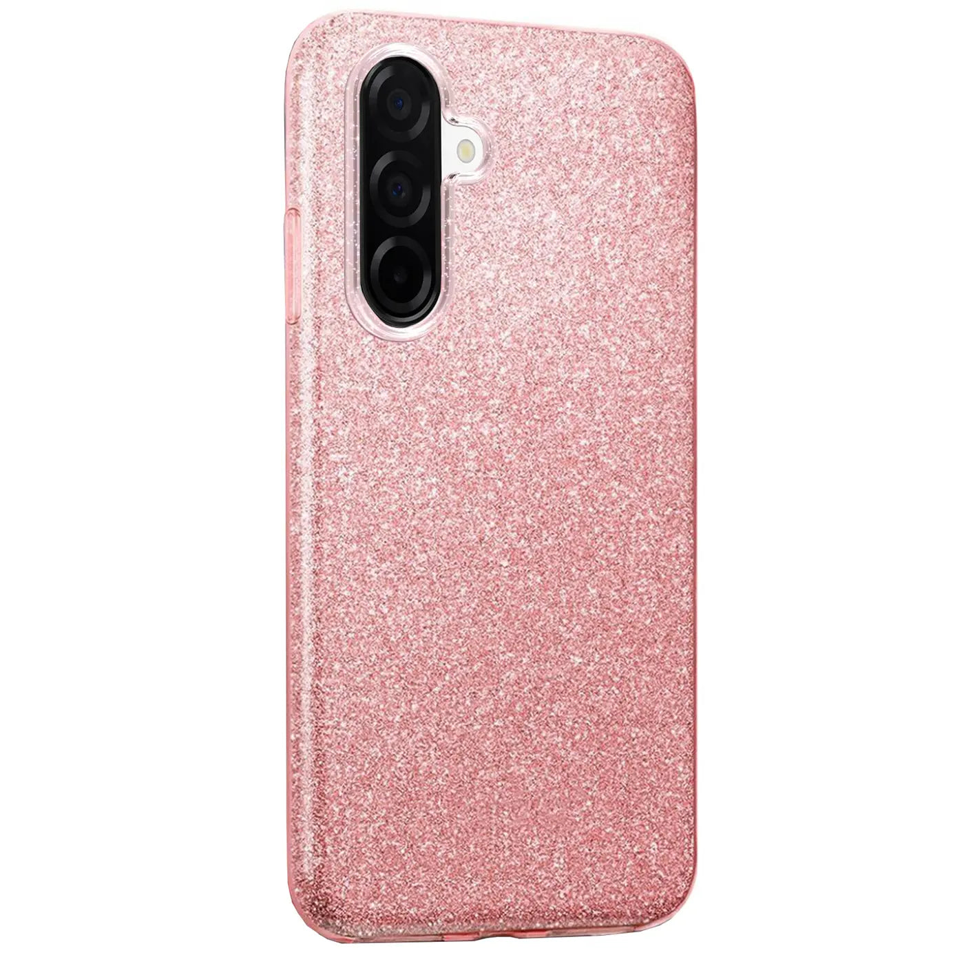 Rosafarbene Glitzer-TPU-Hülle für Samsung Galaxy A56 5G, von hinten, leicht schräg.