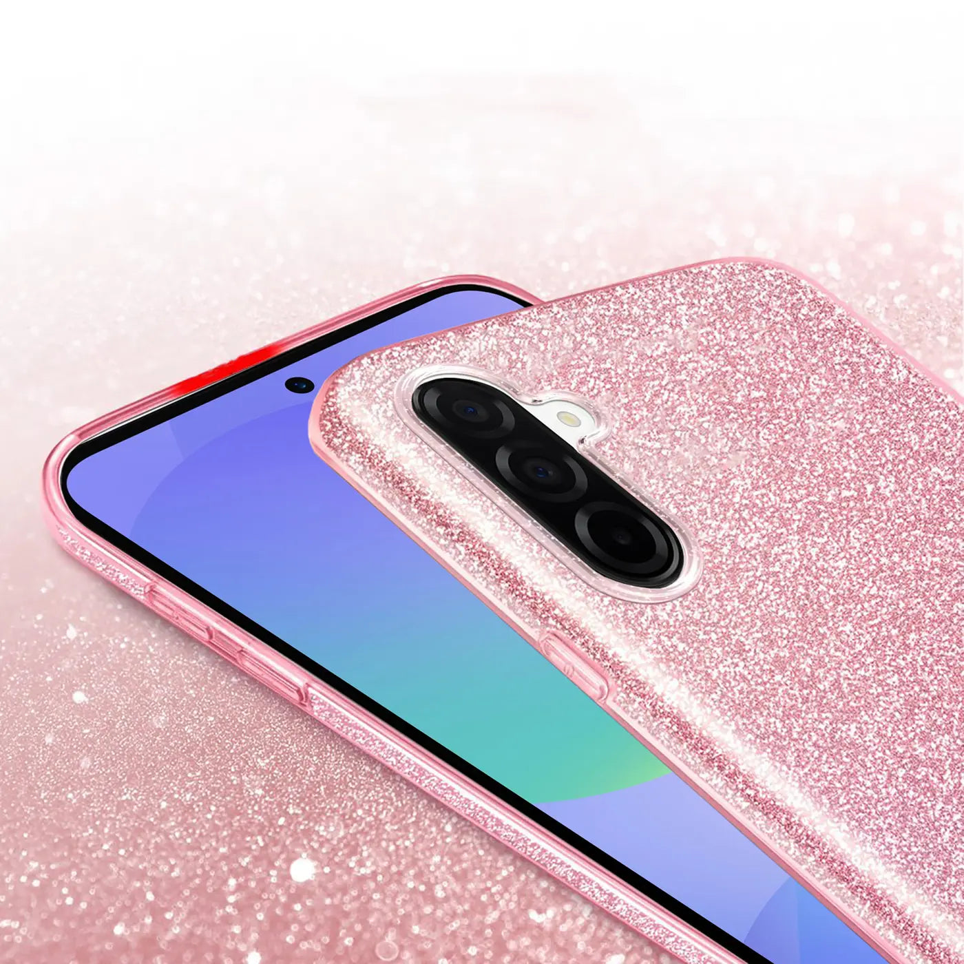 Rosa Glitzer TPU Hülle auf Samsung Galaxy A57 5G, Nahaufnahme von hinten.