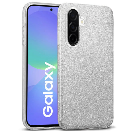Silberne Glitzer-TPU-Hülle auf einem Samsung Galaxy A57 5G, Vorder- und Rückansicht.