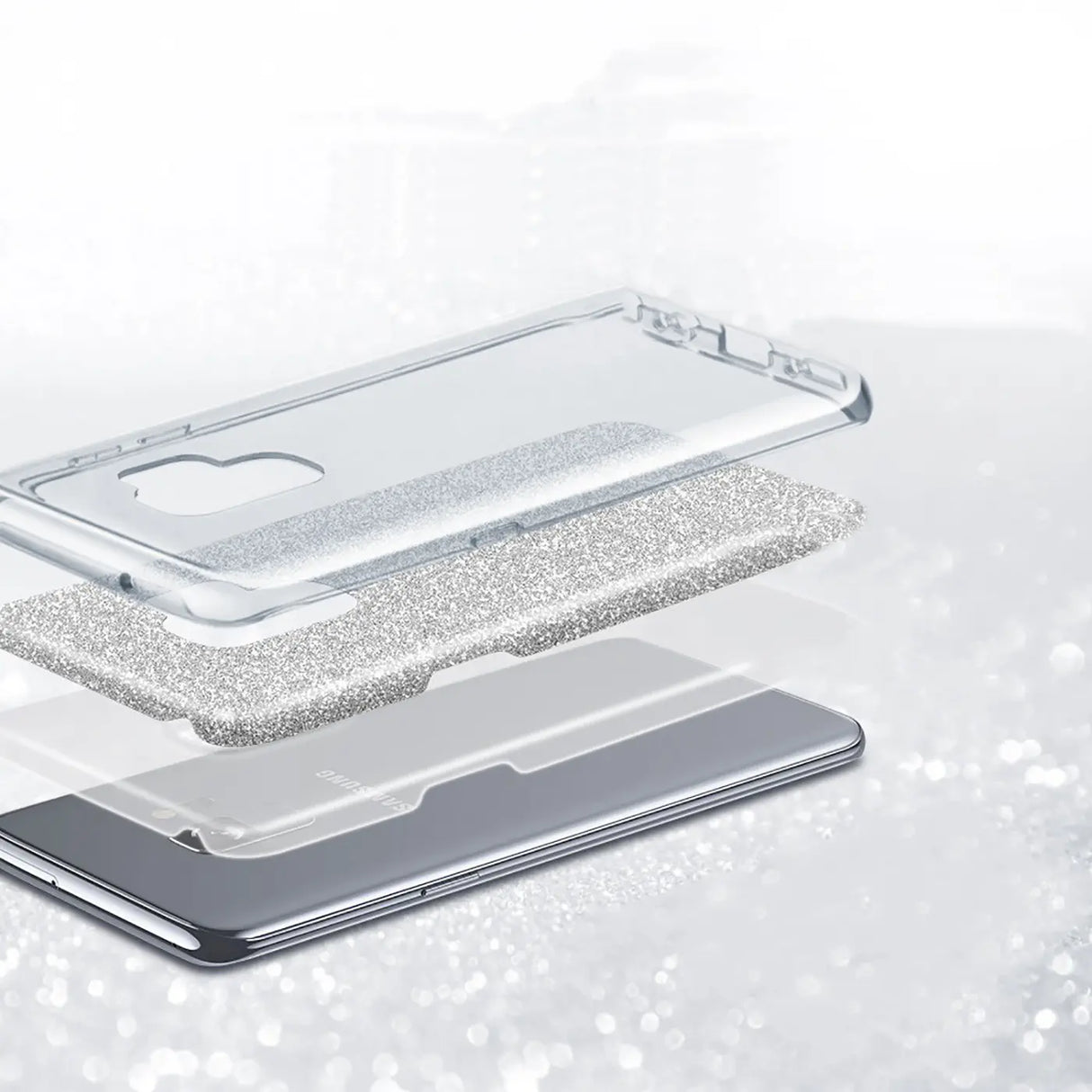 Explodierte Ansicht: Silberne Glitzer-TPU-Hülle über Samsung Galaxy A57 5G.