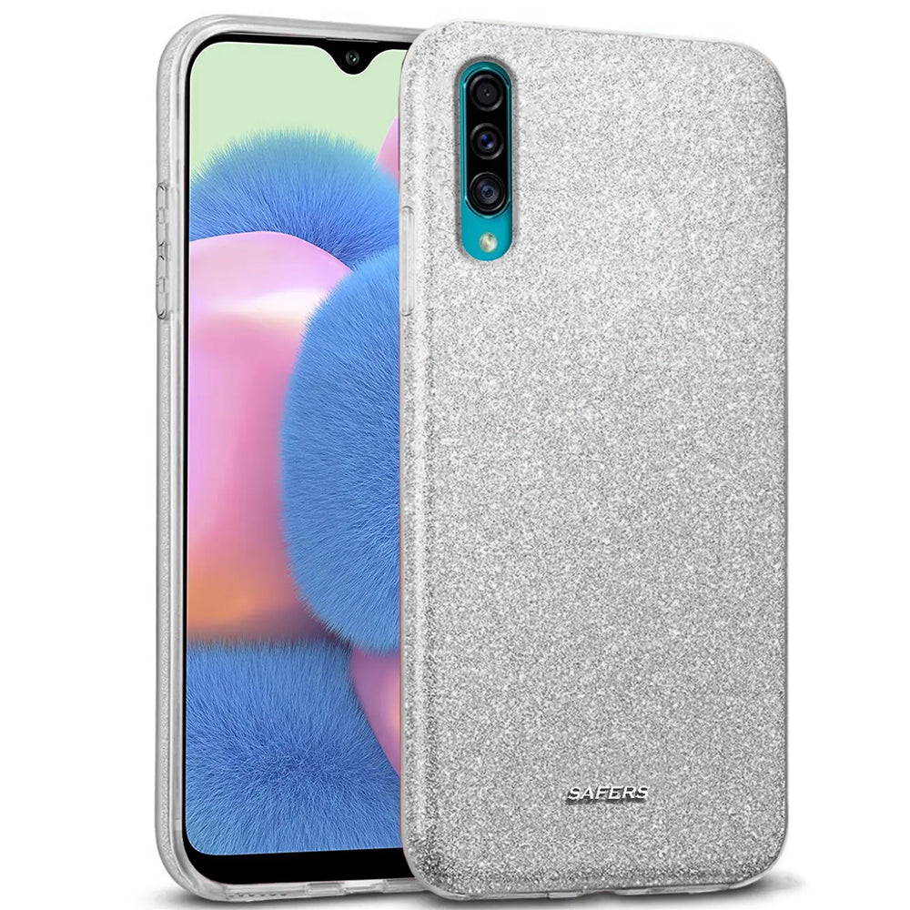 Silberne Glitzer-TPU-Hülle für Samsung Galaxy A70/A70s, von schräg vorne gezeigt.