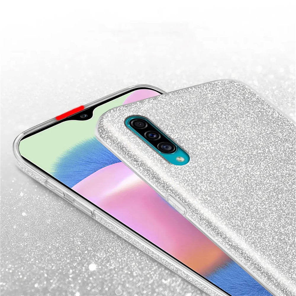 Silberne Glitzer-TPU-Hülle auf Samsung Galaxy A70/A70s, Nahaufnahme.