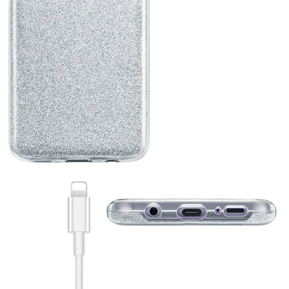 Silberne Glitzer-TPU-Hülle für Samsung Galaxy A70/A70s, Seitenansicht mit Anschlüssen.