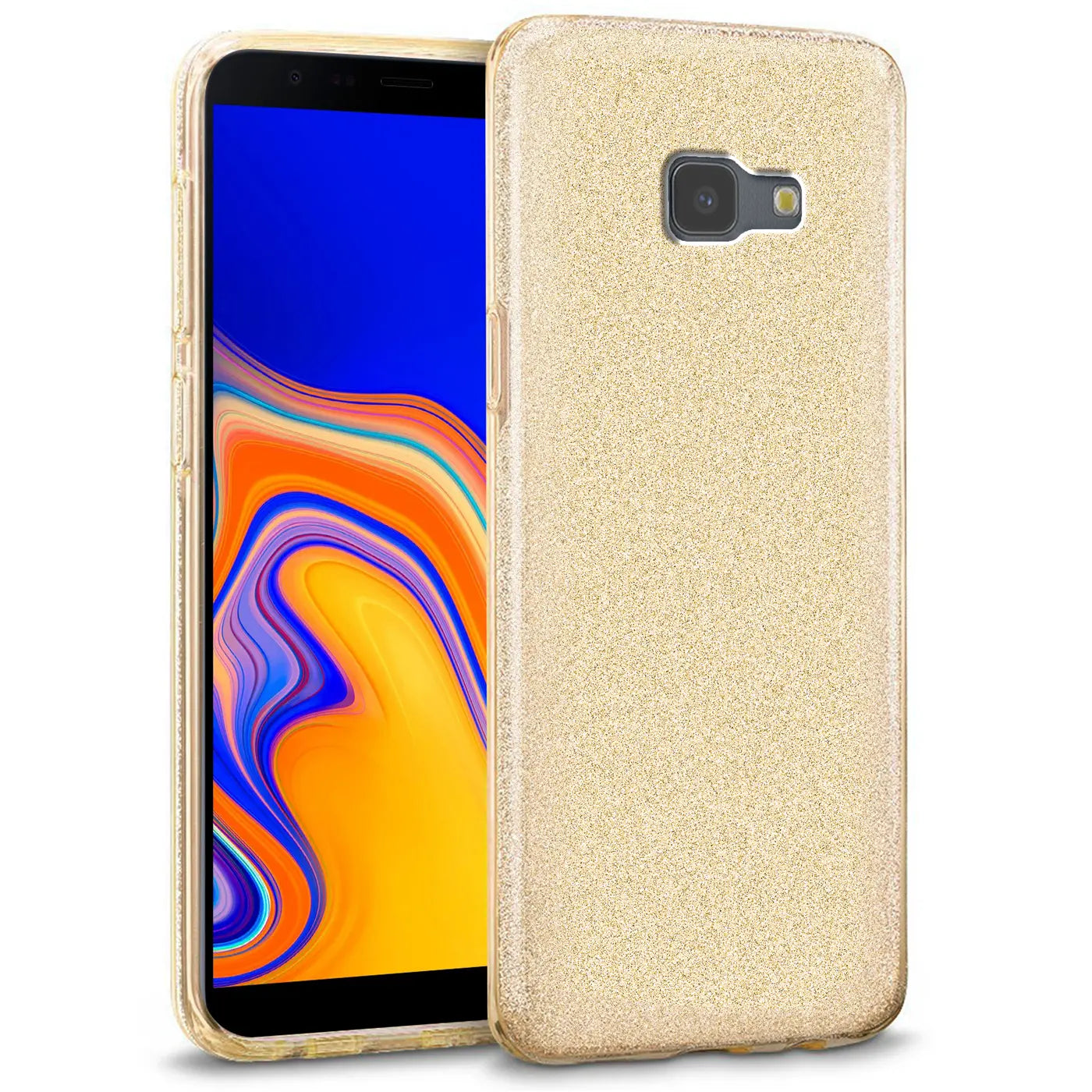 Goldene Glitzer-TPU-Hülle für Samsung Galaxy J6 Plus, von vorne links gezeigt.