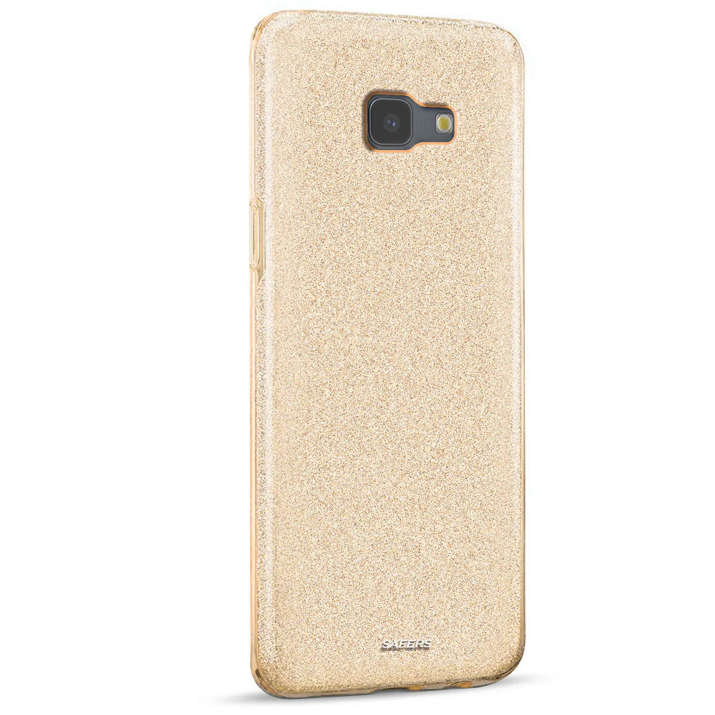 Goldfarbene Glitzer-TPU-Hülle für Samsung Galaxy J6 Plus, Rückansicht, leicht schräg.