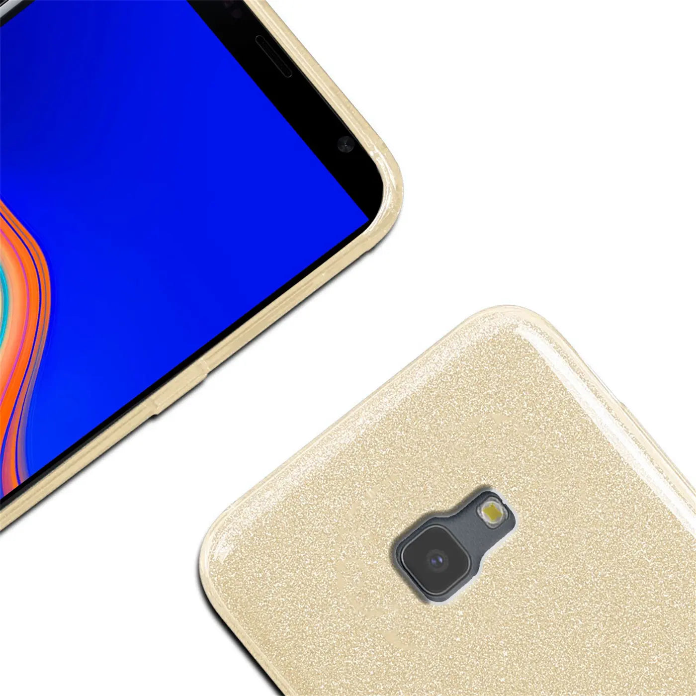 Goldene Glitzer TPU Hülle auf Samsung Galaxy J6 Plus, Rückansicht und Front.