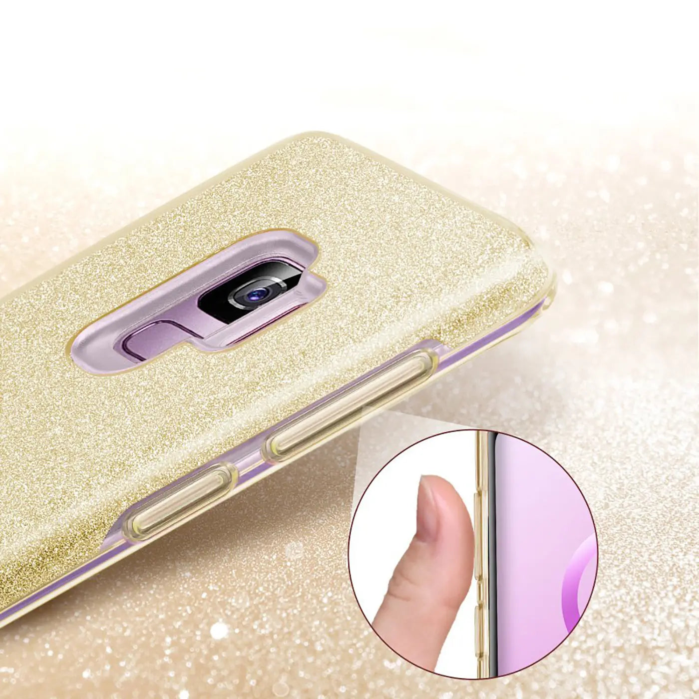 Goldene Glitzer-TPU-Hülle mit lila Rand, Nahaufnahme, Samsung Galaxy J6 Plus