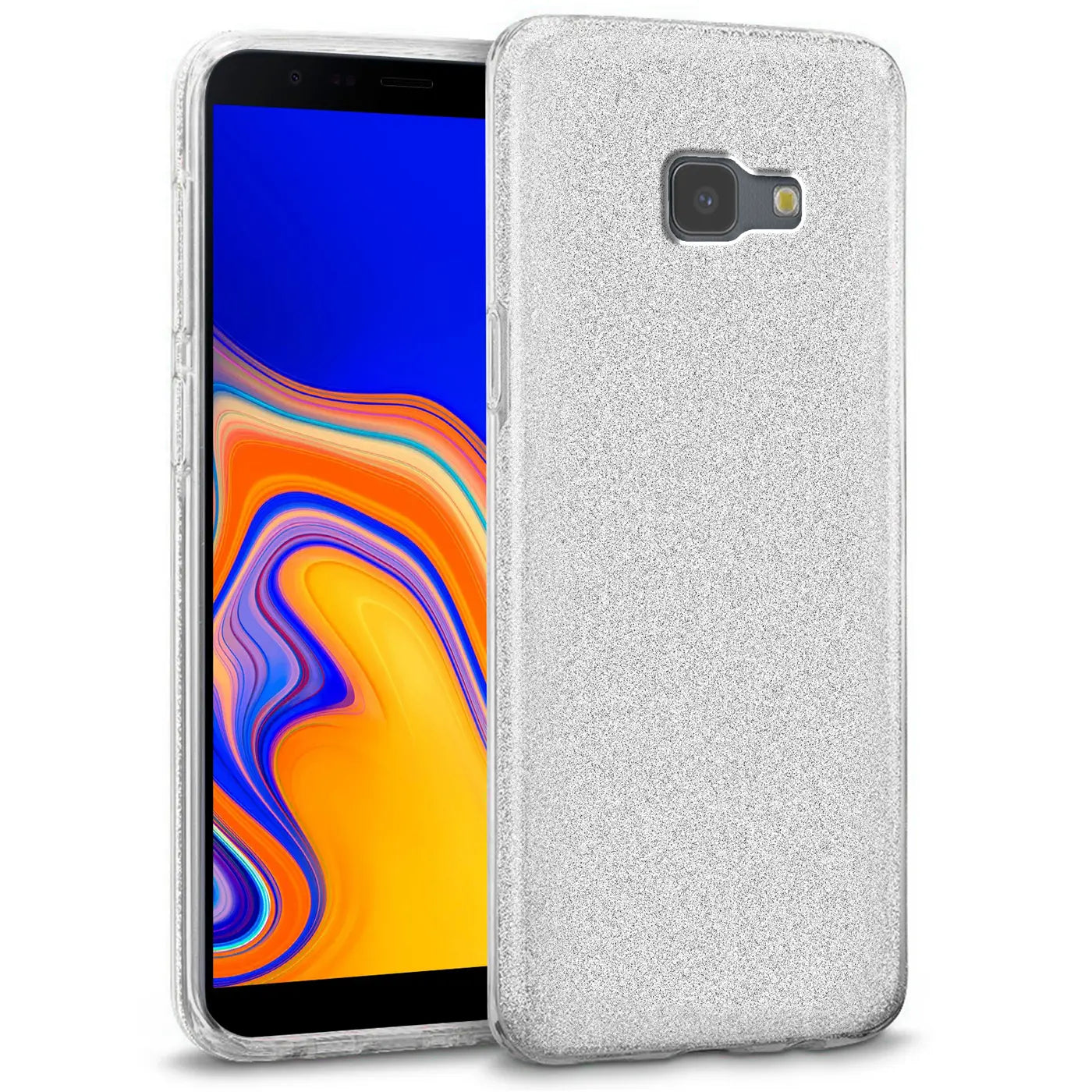 Silberne Glitzer-TPU-Hülle mit Samsung Galaxy J6 Plus, von vorne links