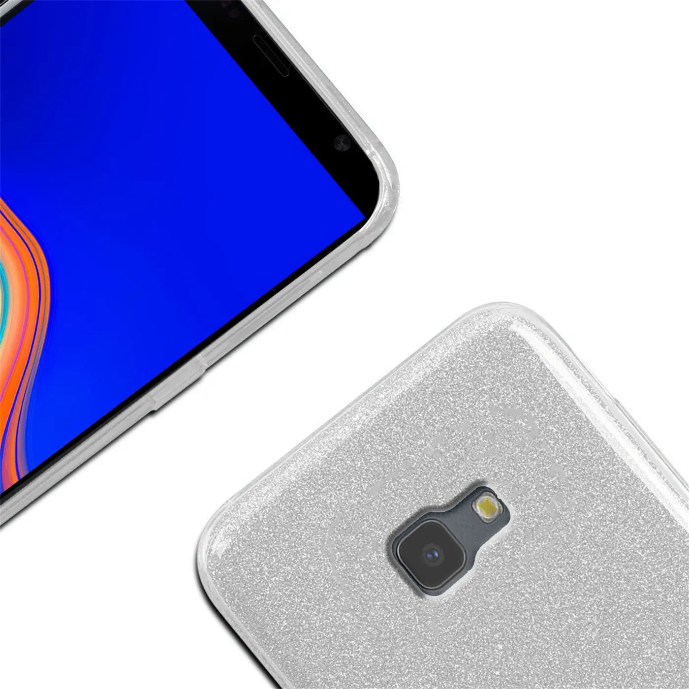 Silberne Glitzer-TPU-Hülle auf Samsung Galaxy J6 Plus, Rückansicht und Vorderseite