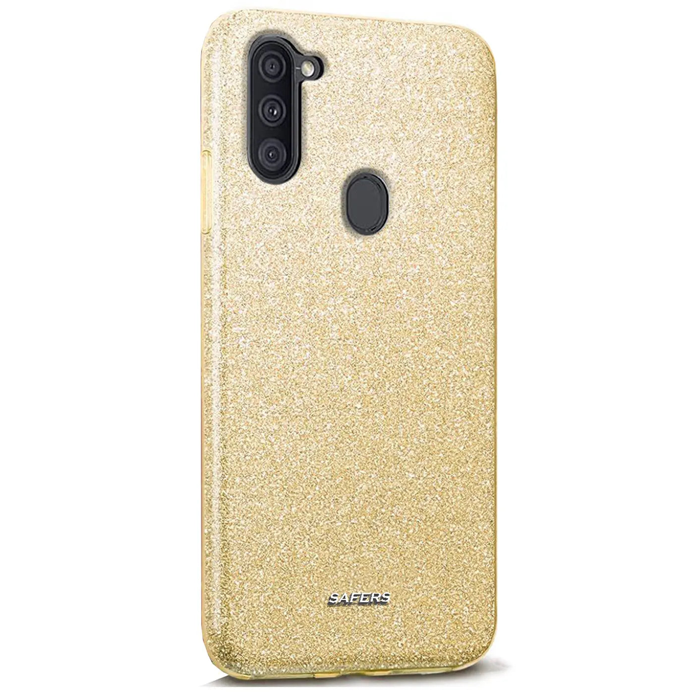 Goldene Glitzer TPU Hülle für Samsung Galaxy M11, von vorne leicht schräg.